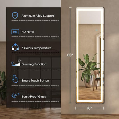 OLIXIS 16"x 60" LED Full Length Mirror with Lights, Standing Lighted Floor Full Body Mirror with 3 Color Lighting, Wall Mounted Mirrors for Bedroom, Bathroom, Entryway with Tempered Glass