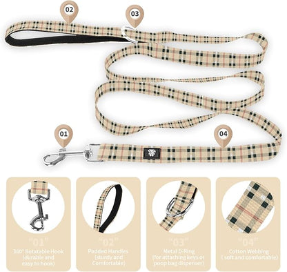 NESTROAD Dog Collar and Leash Set,Soft Neoprene Pet Collar with Quick Release Buckle,Adjustable Nylon Dog Collars for Small Medium Large Dogs(Small,Cherecked Beige)