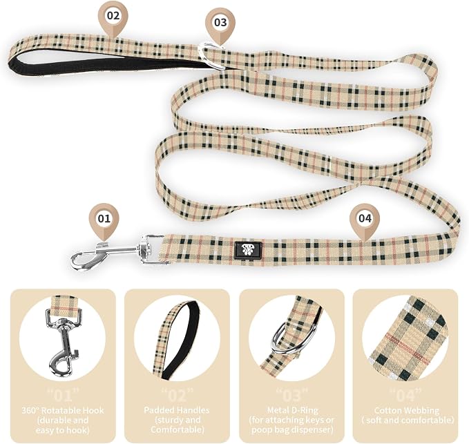 NESTROAD Dog Collar and Leash Set,Soft Neoprene Pet Collar with Quick Release Buckle,Adjustable Nylon Dog Collars for Small Medium Large Dogs(Large,Cherecked Beige)