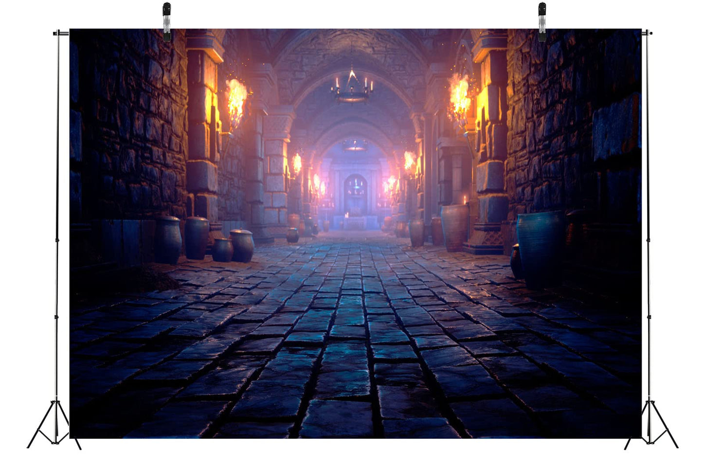 BELECO 7x5ft Fabric Scary Medieval Catacombs Photography Backdrop Endless Dungeon with Torches Ancient Castle Dragon Cave Mysterious Nightmare Halloween Background Horror Party Supplies Photo Props