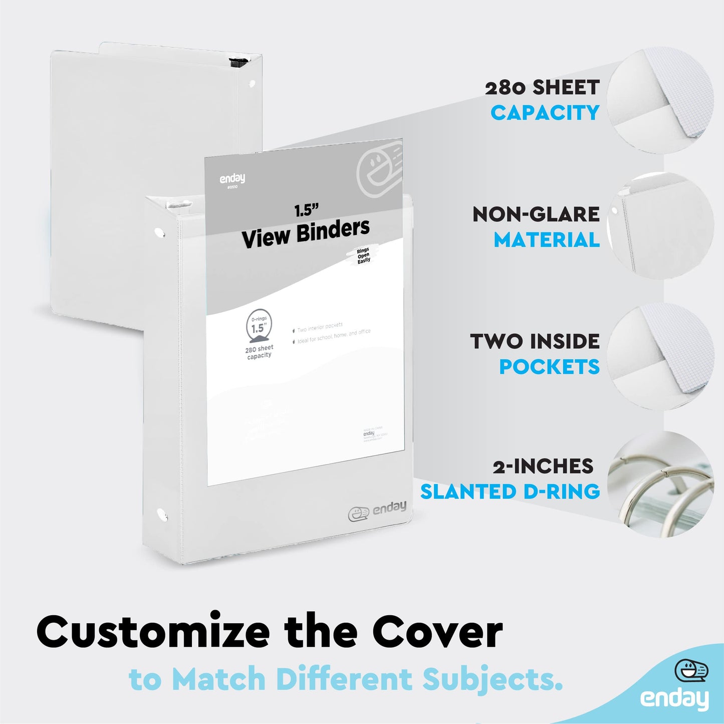 Enday 3 Ring Binder 1.5 Inch, White Heavy Duty Three Ring Binder, 325 Sheets Capacity - 1.5 Inch Binder for Home School and Office