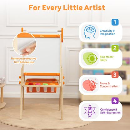 Belleur All-in-One Art Easel for Kids, Adjustable Double Sided Easel for Toddlers with Magnetic Whiteboard & Dry-Erase Chalk Board & Paper Roll, Child Painting Easel for Kid 2-8 Birthday Gift-Orange