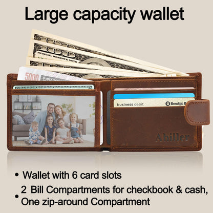 Ahiller Chain Wallet for Men Crazy Horse Bifold Leather Wallet with Chain, Anti-Theft Mens Wallets with Gift Box,Zippered Bill Compartment,ID Window, Card Slots-Coffee