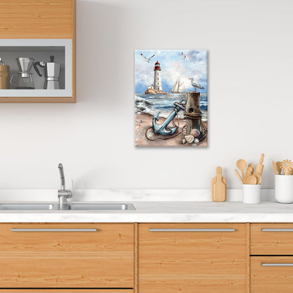 Nautical Wall Art Beach Lighthouse Anchor Pictures Wall Decor Coastal Canvas Prints Framed Paintings Artwork For Bathroom Kitchen Bedroom Dinning Room Living Room Office 12"x16"
