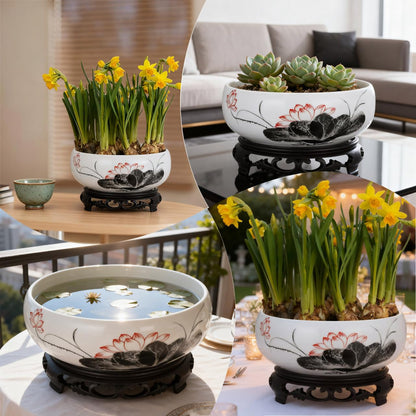 DOITOOL Blue and White Porcelain Lotus Bowl Planter Pot with Stand Ceramic Hydroponic Container for Water Lily Narcissus Bonsai Indoor Home Office Garden Decor