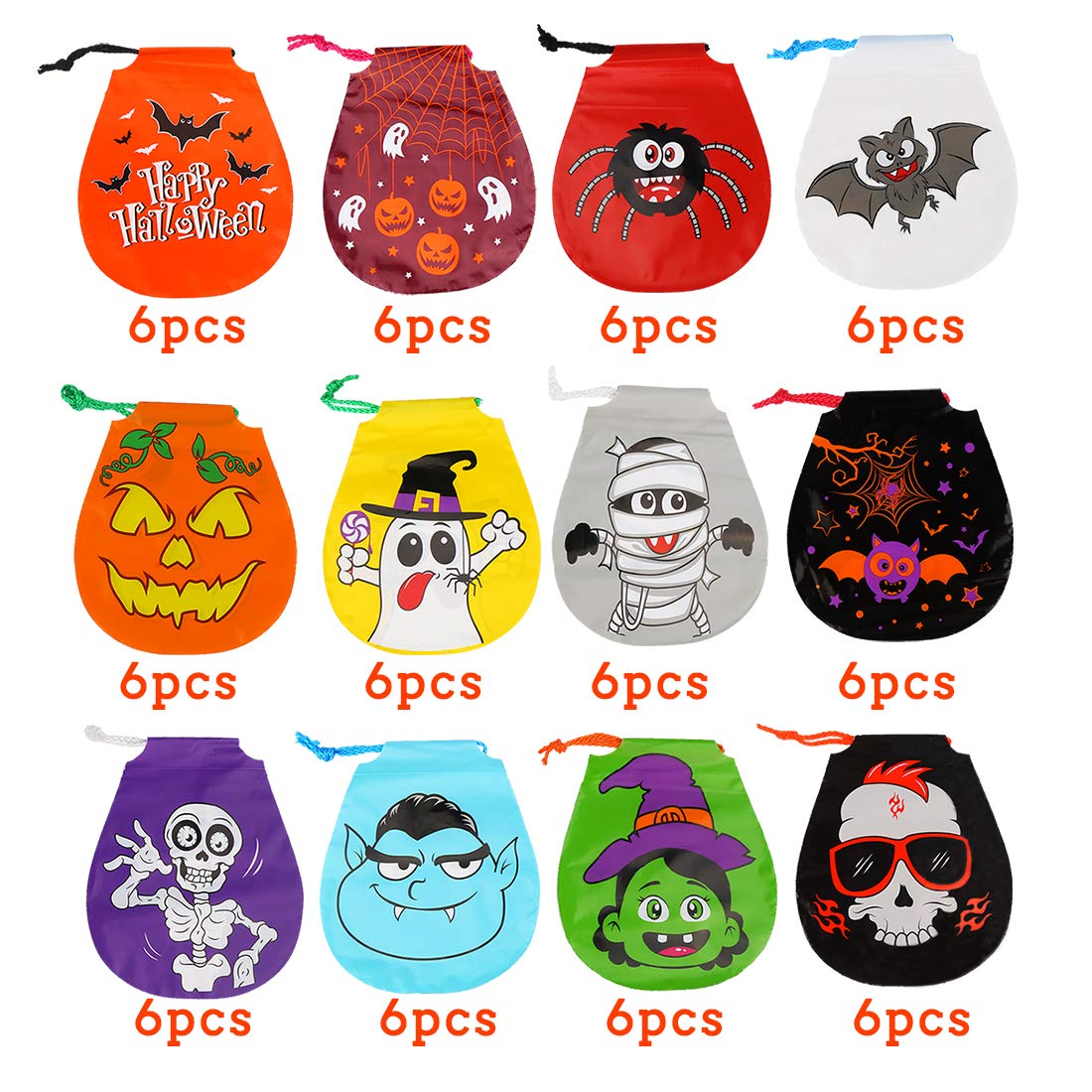 CCINEE 72pcs Halloween Drawstring Goody Bags 12 Styles Halloween Treats Bags for Kids's Trick or Treat Party Favor Supplies