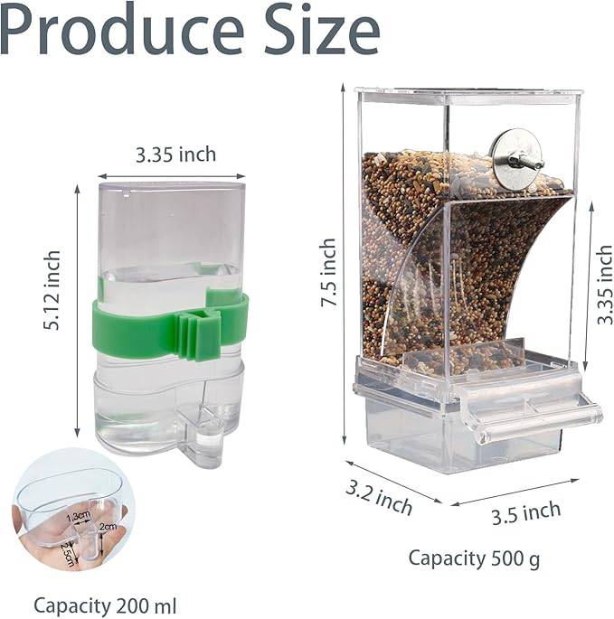 No Mess Bird Feeder Water Dispenser Set, Automatic Transparent Parrot Feeder Acrylic Parrot Food Container Drinker Cage Accessories for Small Birds Parakeet Canary Finch Cockatiel Lovebirds