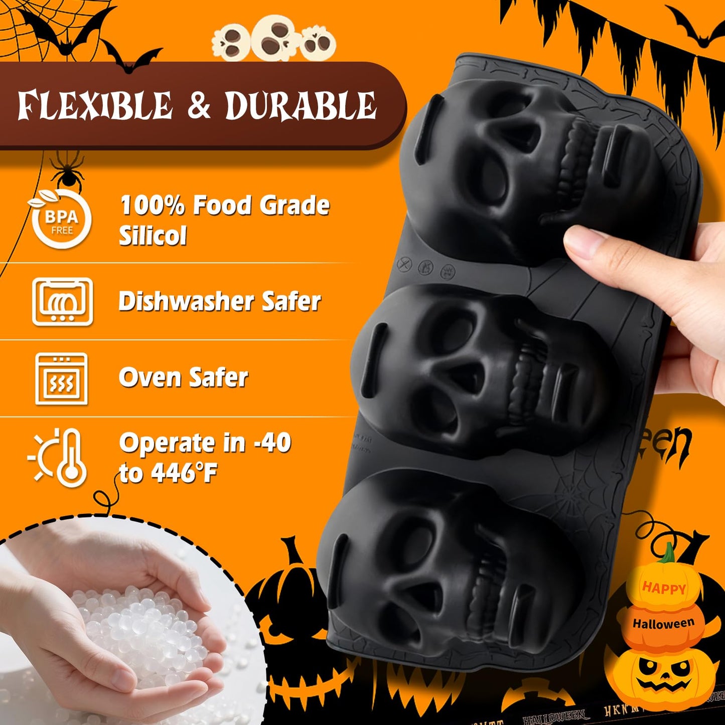 Qibiyuu Halloween Skull Cake Pan & Pumpkin Silicone Molds Set – 6 Cavity 3D Skull Baking Pan + 6 Halloween Shape Silicone Molds (Pumpkin, Ghost, Bat) for Cakes, Chocolate, Candy, DIY Party Baking