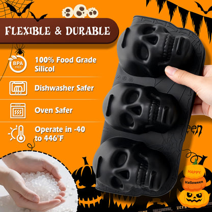 Qibiyuu Halloween Skull Cake Pan & Pumpkin Silicone Molds Set – 6 Cavity 3D Skull Baking Pan + 6 Halloween Shape Silicone Molds (Pumpkin, Ghost, Bat) for Cakes, Chocolate, Candy, DIY Party Baking