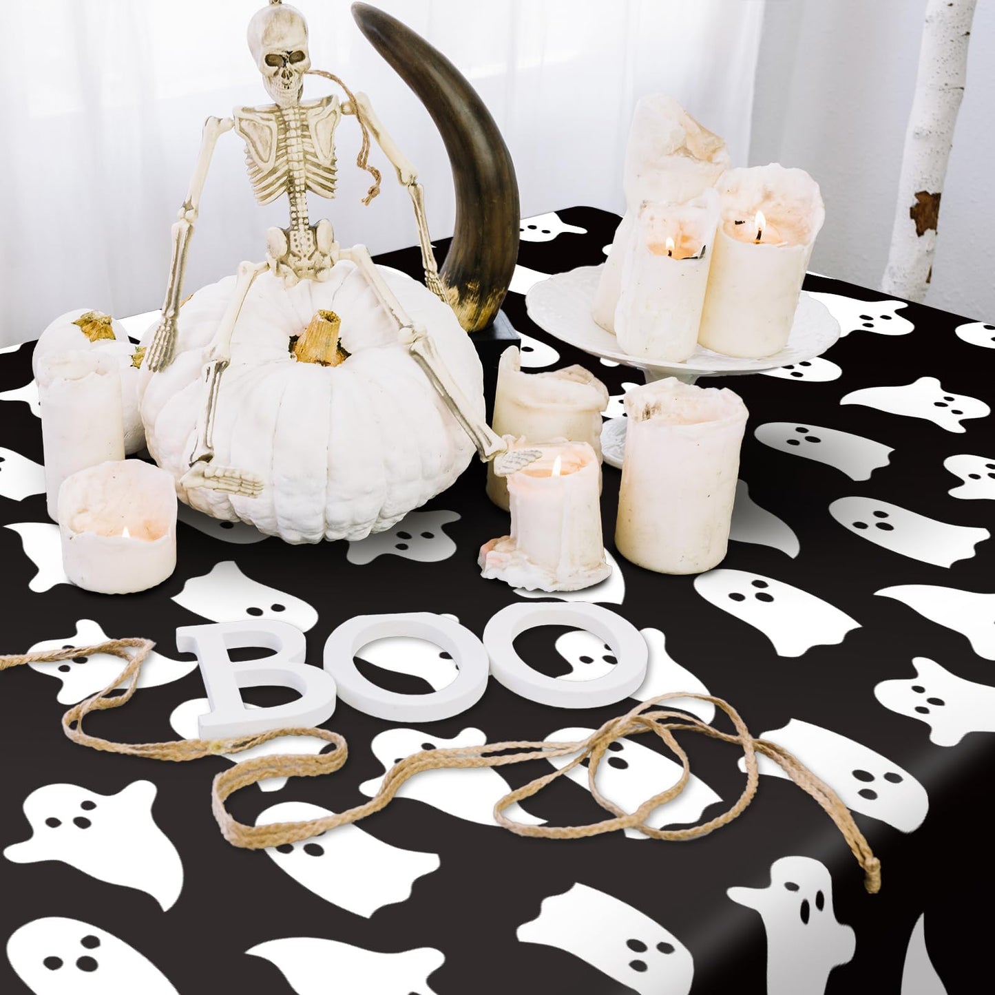 JarThenaAMCS Halloween Ghost Tablecloth Black White Cute Ghost Table Cover 60 x 104 Inch Table Cloth for Birthday Baby Shower Trick or Treat Party Supplies Decoration