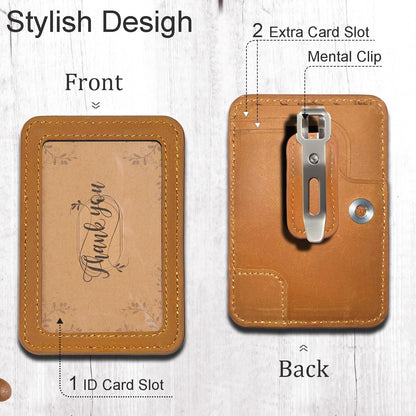 1 Pc LeeFirst Leather ID Badge Holder with Neck Lanyard, Durable ID Card Holder with Detachable Mental Clip for Men Women, Clear Window, 3 Card Slots, Leather Lanyard for Work, School, Golden-Brown