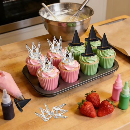 shuielai 24 Pcs Witch Hat & Crown Cake Topper, Mini Wizard Hats Silver Crown Cupcake Toppers, Wicked Witch Birthday Party Decorations & Princess Cake Accessories for Party Supplies & DIY Crafts