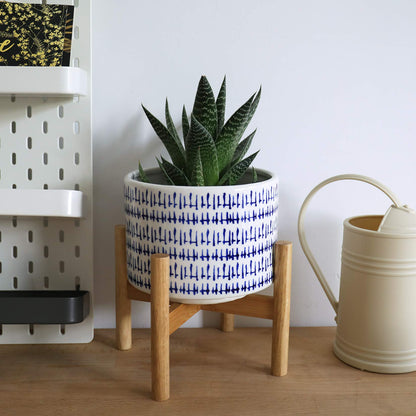 LA JOLIE MUSE Blue Planter with Stand - 7.3 Inch Retro Round Decorative Flower Pot Indoor with Wood Planter Holder, Blue and White, Home Decor Gift