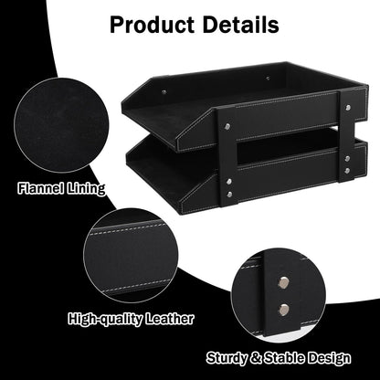 2-Tier Stackable Leather Desk Organizer, Letter Tray Holder for File, A4 Paper, Magazine & Stationery, Desktop Storage Box for Office & Home (Black)