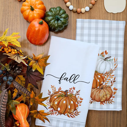 ARKENY Fall Kitchen Towels Set of 2,Orange Pumpkin Grey Buffalo Check Autumn Dish Towels 18x26 Inch Drying Dishcloth,Farmhouse Home Decoration AD118