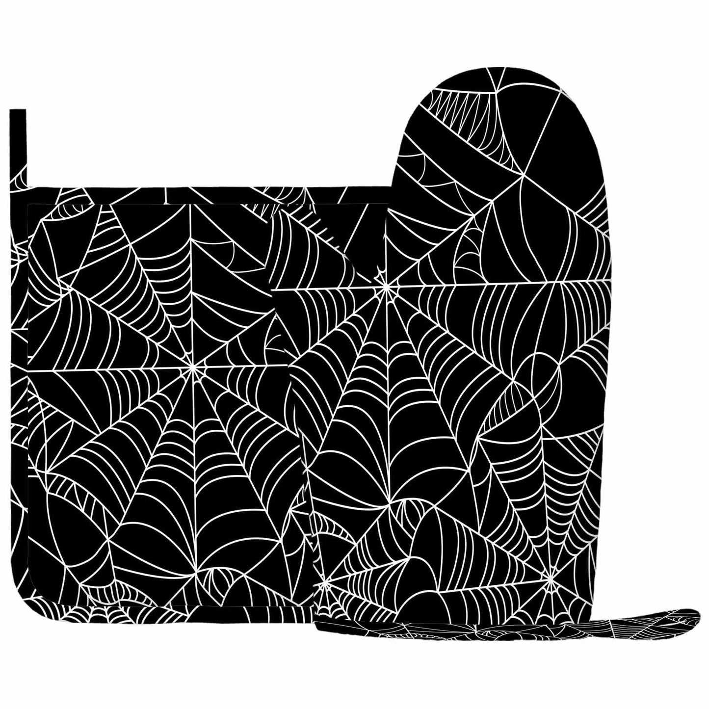 Mxocom Black and White Halloween Spider Web Oven Mitts and Pot Holders Sets Silicone Heat Resistant Kitchen Oven Gloves Pot Holder for Cooking