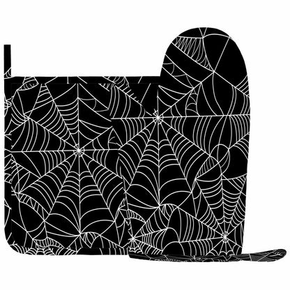 Mxocom Black and White Halloween Spider Web Oven Mitts and Pot Holders Sets Silicone Heat Resistant Kitchen Oven Gloves Pot Holder for Cooking