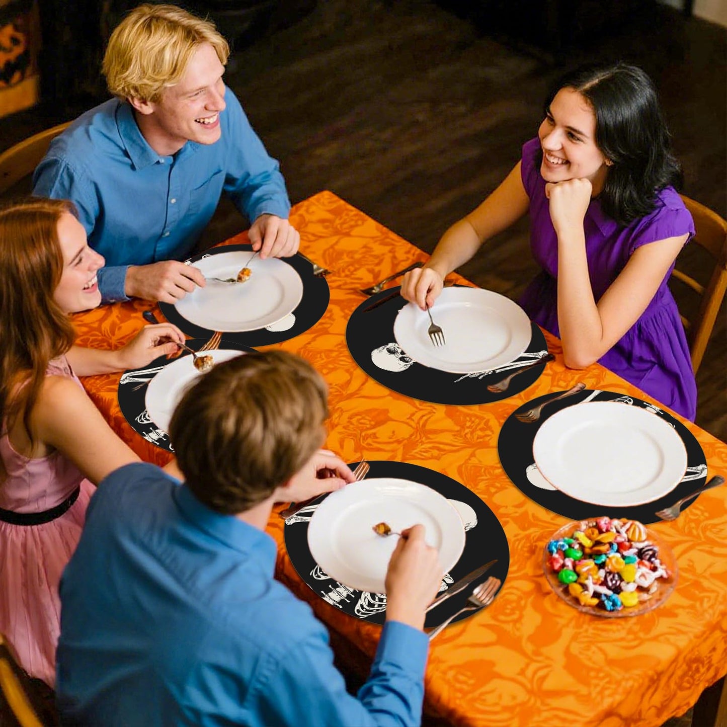 JarThenaAMCS 50Pcs Halloween Paper Placemats Smiling Skeleton Dinner Mats Black Disposable Round Table Mats for Trick or Treat Party Table Setting