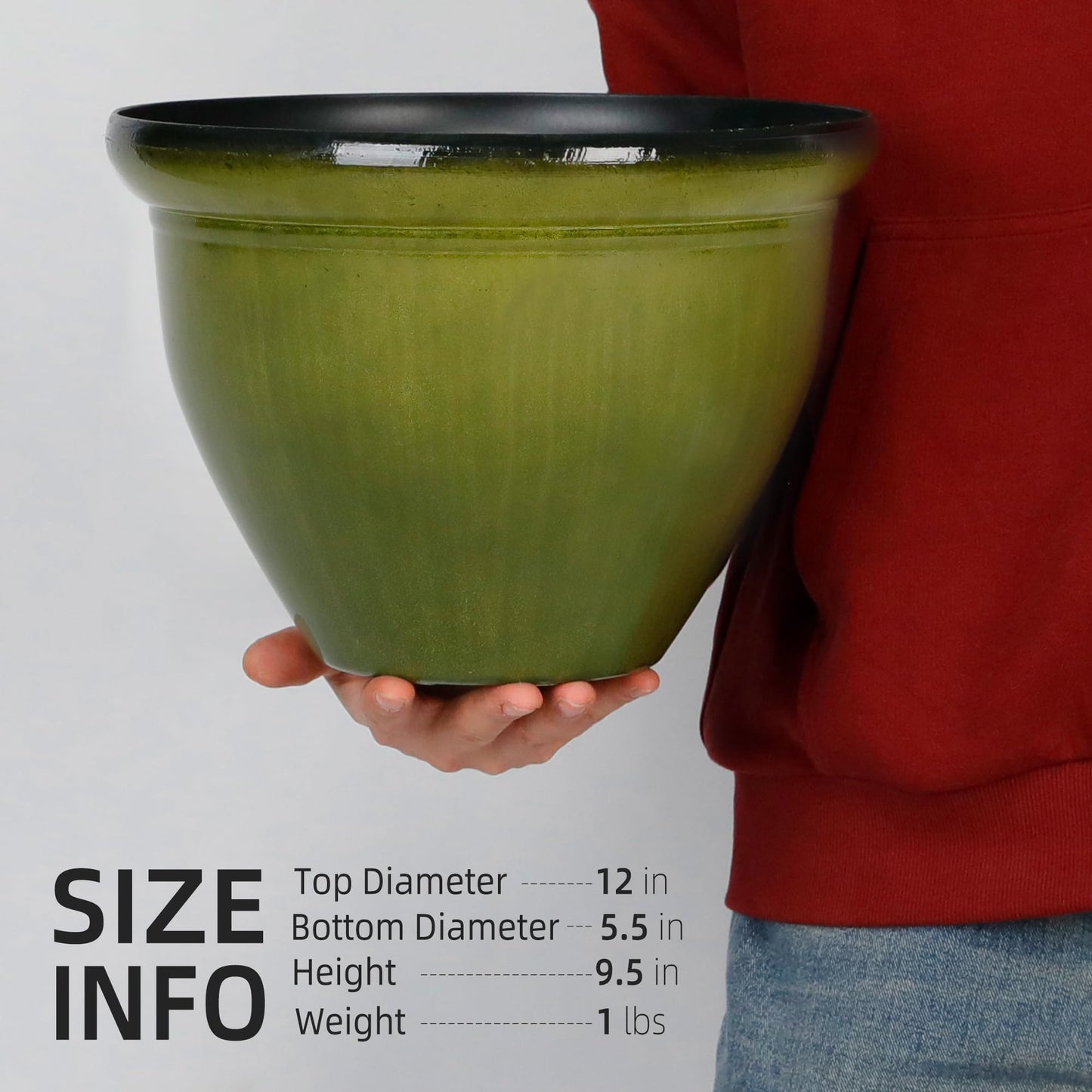 Worth Garden 12-Inch Dia. Round Green Plastic Planters with Drain Holes, 9.5-Inch Height - 4-Pack Glossy Finish Bell-Shaped Plant Pot – Lightweight Indoor/Outdoor Flower Pots