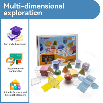 Geometric Solids 3D Shapes & 2D Folding Nets (1.96") 12+12 -Clear Math Manipulatives for Classroom & Homeschool -Thickened Durable Shapes with Smooth Edges,Teacher Supplies for Geometry, Volume & Nets