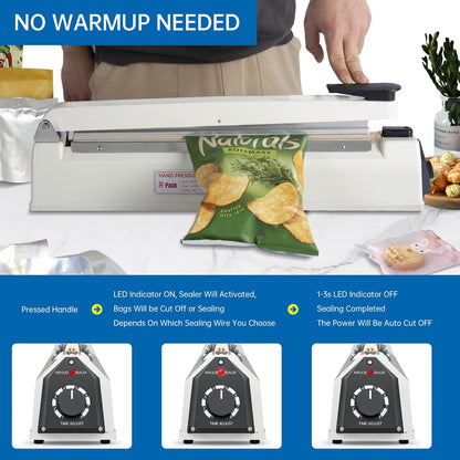 Impulse Heat Sealer with Cutter, Heavy-Duty Bag Sealing & Cutting Machine, 2 Extra Replacements (White, 12-Inch)