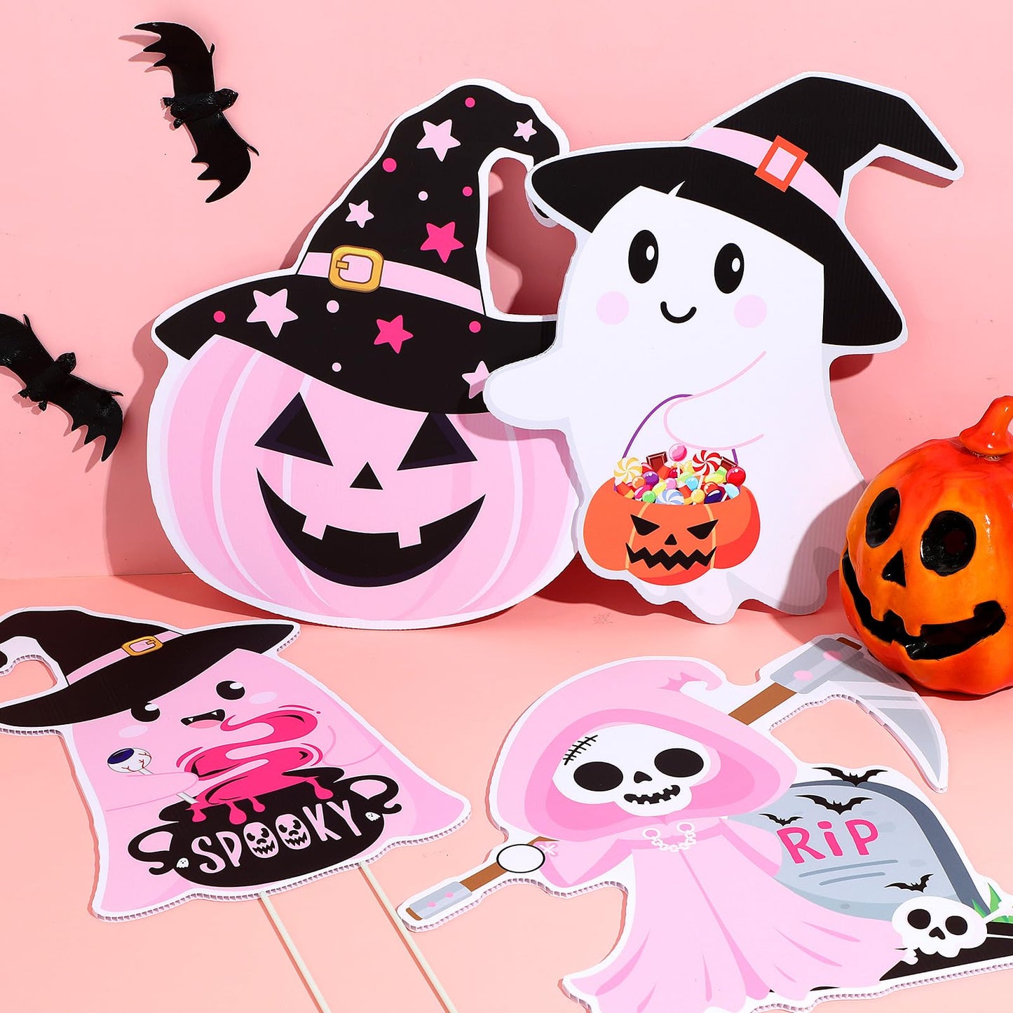 Huwena 12 Pcs Pink Halloween Decorations Cute Halloween Baby Shower Yard Stakes Spooky Pumpkin Cat Ghost Witch Garden Signs with Stakes for Halloween Happy Boo Party Lawn Patio Outdoor