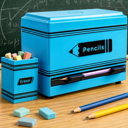 Gueevin 2pcs Pencil Dispenser for Classroom, Fun Desk Organizer with Eraser Holder, Interactive Pencil Storage for Teachers, Students & Homeschool Desk Organizer, Back to School Supplies(Blue)