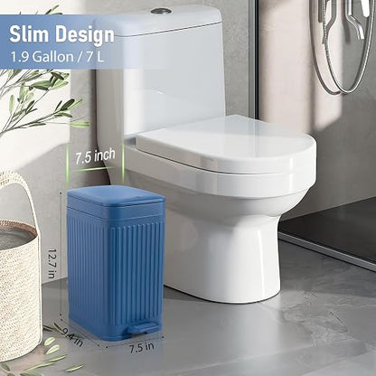 rejomiik Small Bathroom Trash Can with Lid Slim Soft Close Garbage Can Step Wastebasket Container Trash Bin for Office Bedroom Kitchen Living Room 1.9 Gallon, Navy Blue