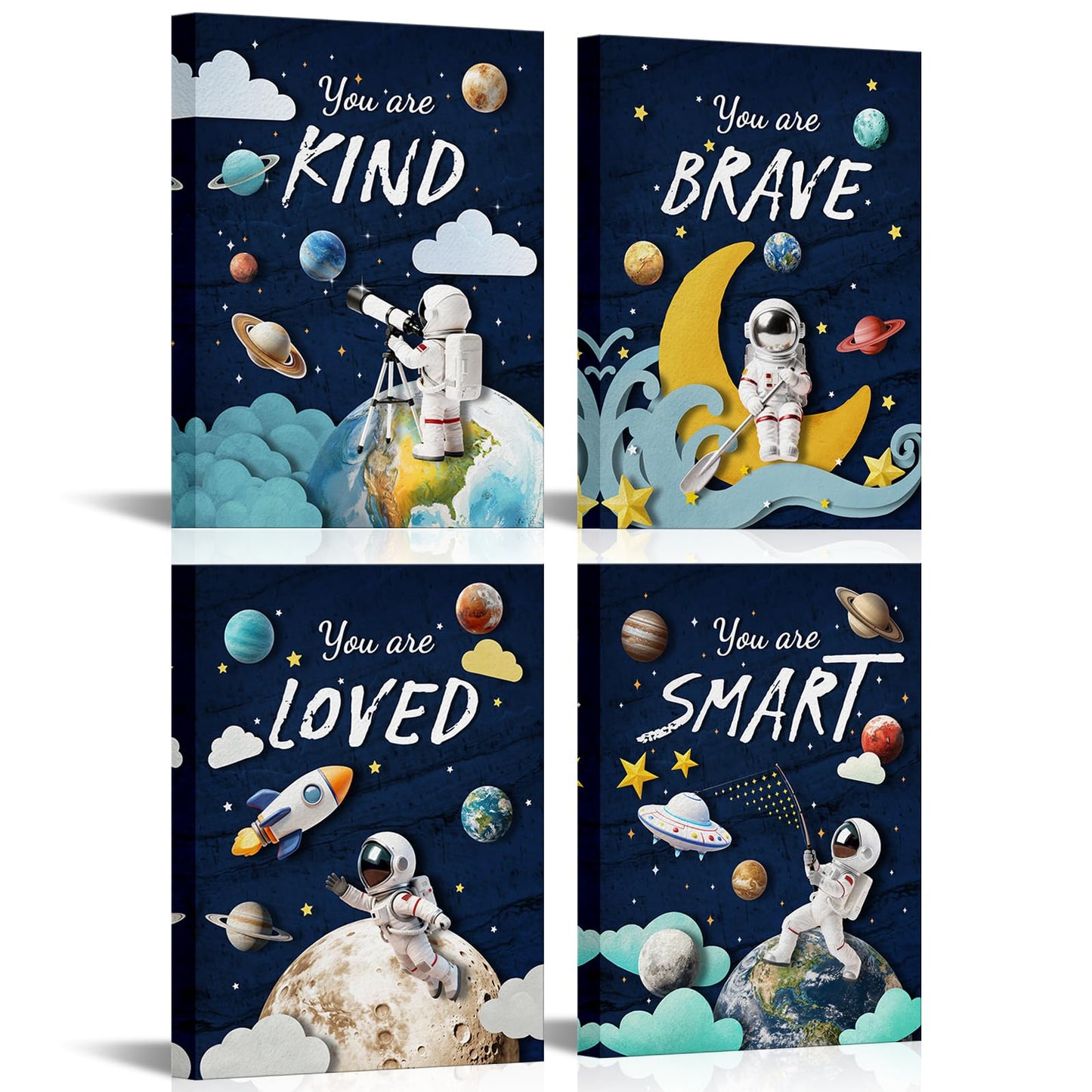 LoveHouse Space Wall Art Astronaut Kids Room Wall Decor Inspirational Quotes Canvas Prints Cosmic Painting for Nursery Classroom (Deep Blue)