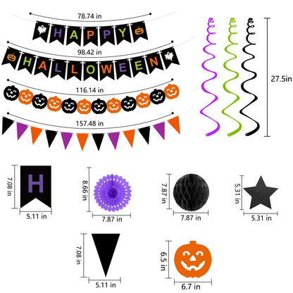 Halloween Party Decorations Happy Halloween Banner Honeycomb Balls Paper Fans Hanging Swirls Triangle Garland for Indoor Home Office Class School Party Supplies