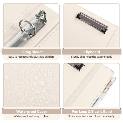 SKYDUE 3 Ring Binder with Clipboard,1 Inch Binder, 13.2" × 10.2" PU Clipboard Binder with Notepad & 5 Dividers with 5 Pockets, Labels, Clipboard Folder Great for School Office(Fit Letter Sized Paper)