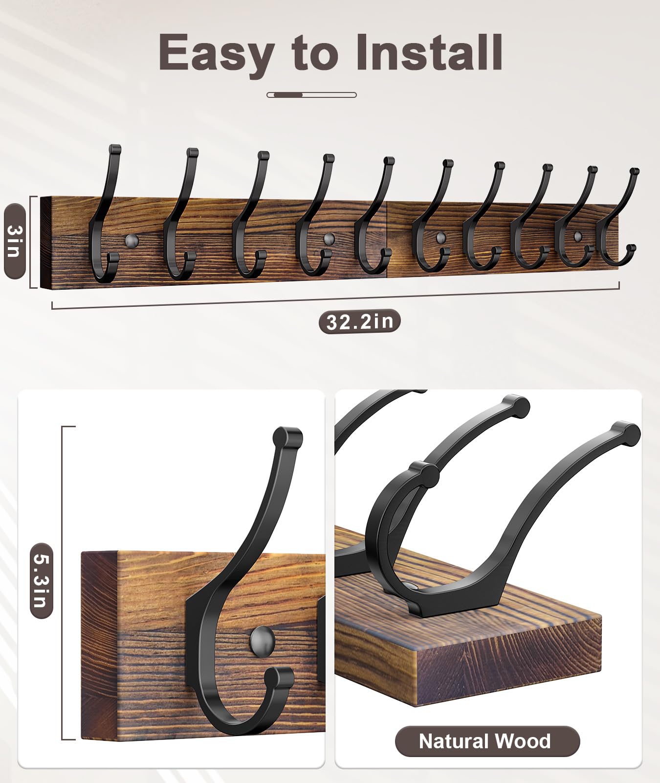 Optish 2 Pack Wooden Coat Rack Wall Mount, 16.1" Rustic Coat Hanger Hooks with 10 Double Hooks, Wall Coat Rack for Hat, Clothes, Bags, Jacket, Brown
