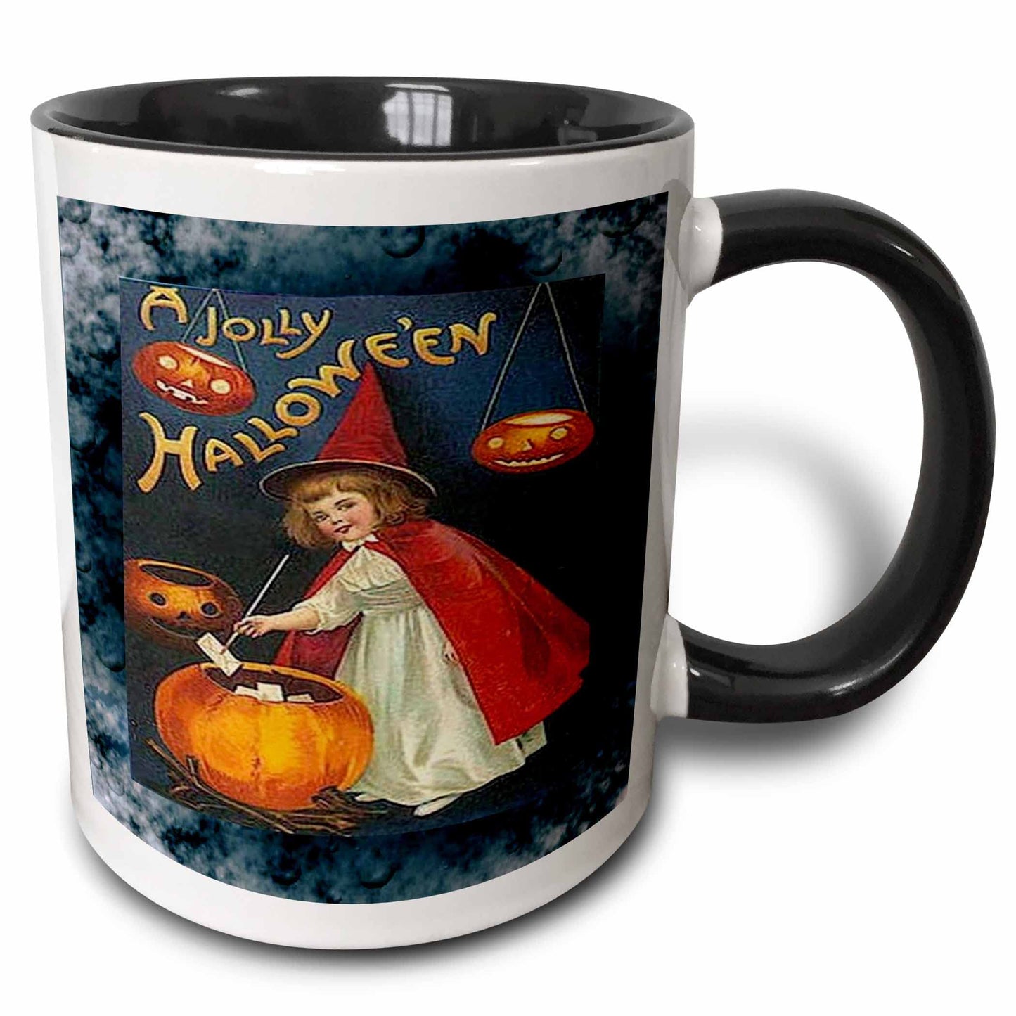 3dRose Vintage Halloween Girl and Jack o Lantern 11oz Two-Tone Black Mug