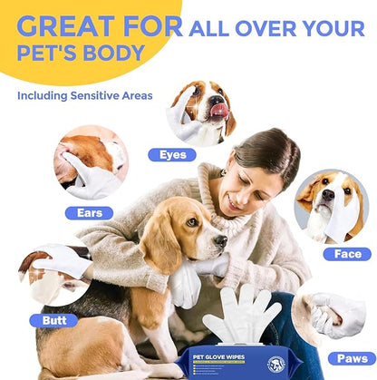 Pet Cleaning Glove Wipes for Dogs & Cats, Hypoallergenic Deodorizing Disposable No-Rinse Grooming Wipes, Wipes, Perfect for Pet Dry Cleaning, Daily Care and Travel, Coconut Scent, 8 pcs