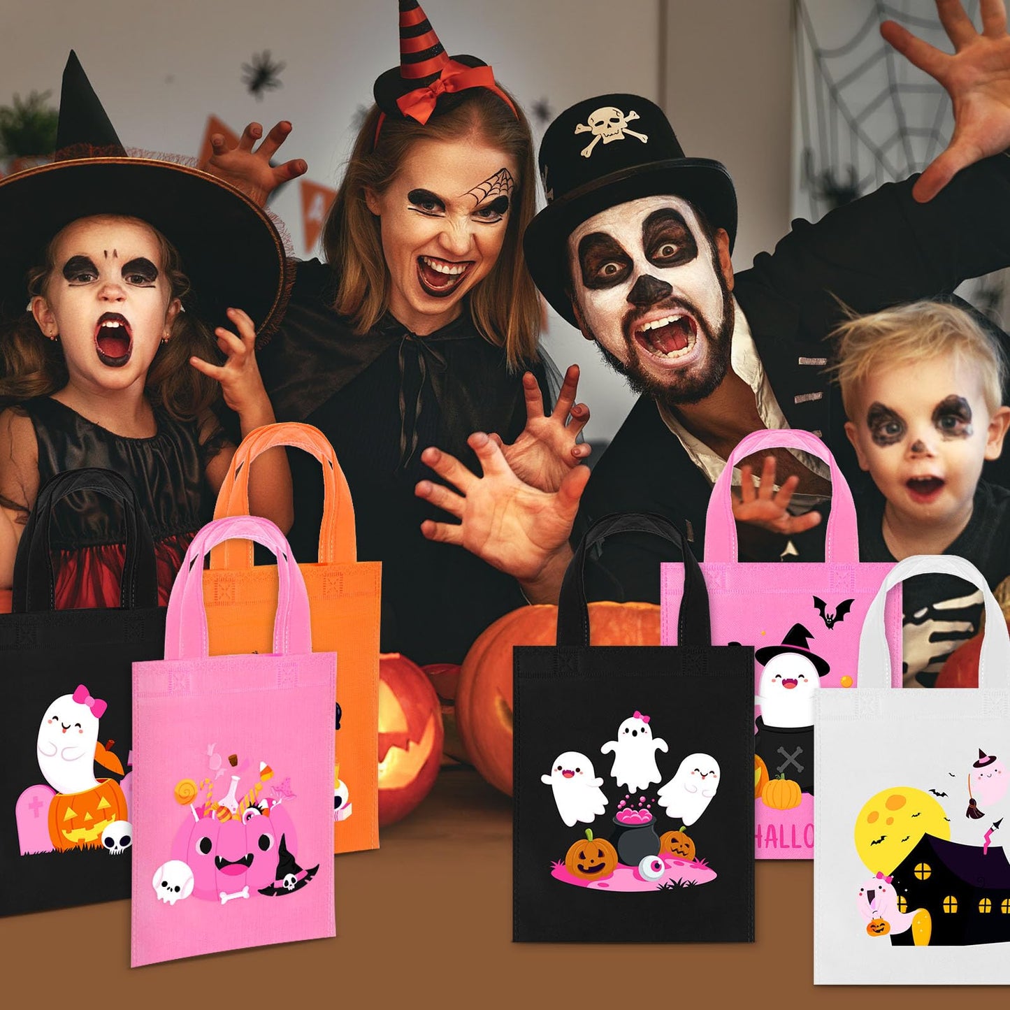 Toulite 24 Pcs Halloween Non Woven Bags with Handle Bulk Reusable Holiday Gifts Bags Ghost Pumpkin Spider Goodies Treat Candy Tote Pouch for Halloween Party Favors Wrapping Supplies, 7.9 x 9.8 Inch