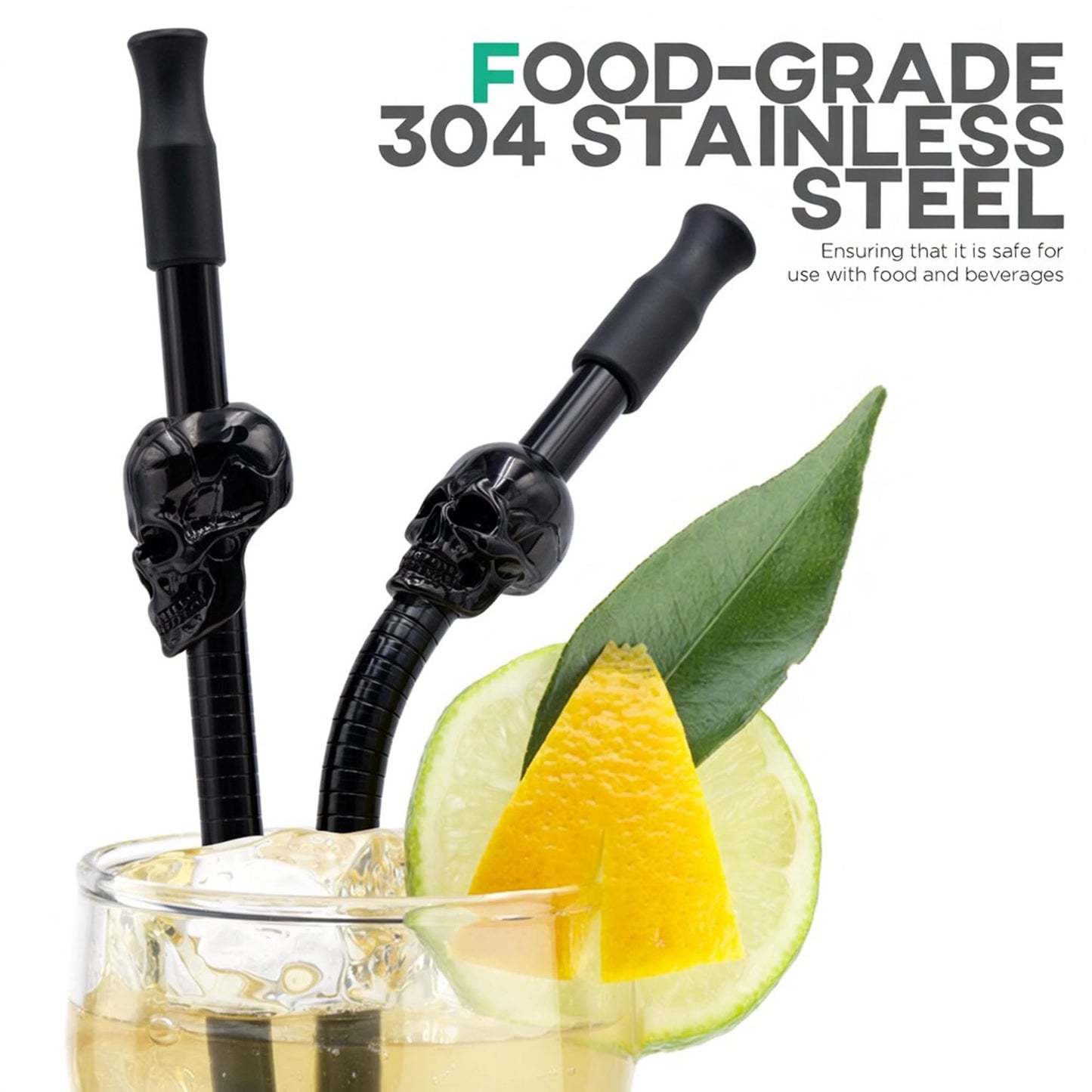 Homestia Skull Reusable Stainless Steel Straws 10.5" - 6 Pack Metal Drinking Straws with Cleaning Brush & Pouch for Tumbler, Smoothie, Cocktail (3 Straight + 3 Bent), Black Color