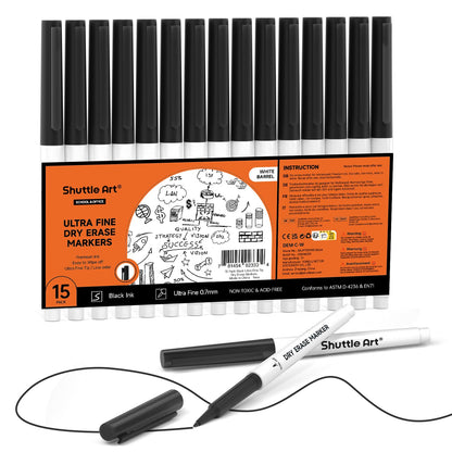 Shuttle Art Ultra Fine Dry Erase Markers, 15 Pack Black Whiteboard Markers with Erase, Dry Erase Markers Perfect For Writing on Whiteboards, Dry-Erase Boards,Mirrors for School Office Home