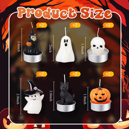 Rossesay 12 PCS Halloween Decoration Ghost Candles Pumpkin Skeleton Cat Witch Cute Mini Candles White Soy Wax Horror Tea Lights Spooky Set for Autumn Halloween Party Home Decorations