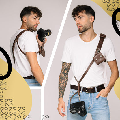 C Coiro Leather Camera Strap for One Camera - Professional Single Leather Harness Shoulder Strap with Sd Card Holder & Battery Holder, Quick Release Gear for DSLR/SLR, Brown