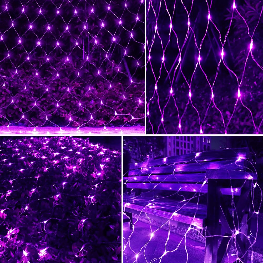 Vicila Net Light Outdoor Mesh Christmas Decorations, 100LED String Light Plug in Connectable Tree Warp Hanging 5ft x 5ft for Halloween, Shrubs, Lawn, Backyard, Walkway, Bushes, Garden Decor-Purple