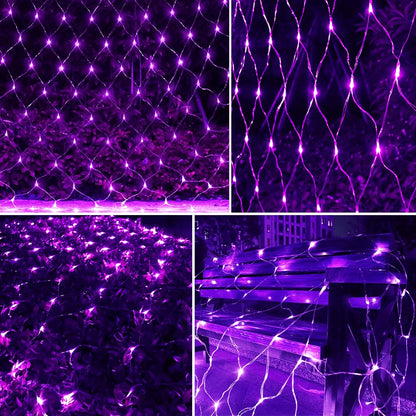 Vicila Net Light Outdoor Mesh Christmas Decorations, 100LED String Light Plug in Connectable Tree Warp Hanging 5ft x 5ft for Halloween, Shrubs, Lawn, Backyard, Walkway, Bushes, Garden Decor-Purple