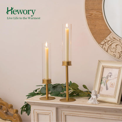 Hewory Gold Candle Holders, 3Pcs Brass Candle Stick Candelabra with Glass Candle Cover for Wedding Table Centerpiece Christmas Decor