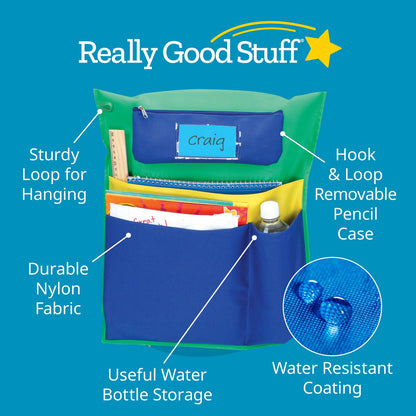 Really Good Stuff Multi-Pocket Chair Pockets with Pencil Case and Water Bottle Holder – 6 Pack – Green/Blue | Classroom Essentials & Must Haves, Seat Sacks for Students, Desk Organizer, Storage Bag