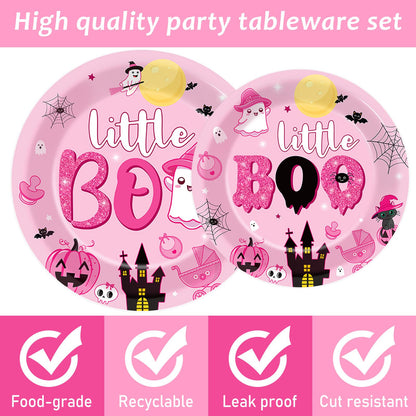 ZOIIWA 96PCS Halloween Little Boo Baby Shower Party Tableware Set for Girls Ghost Party Supplies for 24 Guests Disposable Pink and Black Boo Dinnerware Plates Napkins Forks for Halloween Party Favors