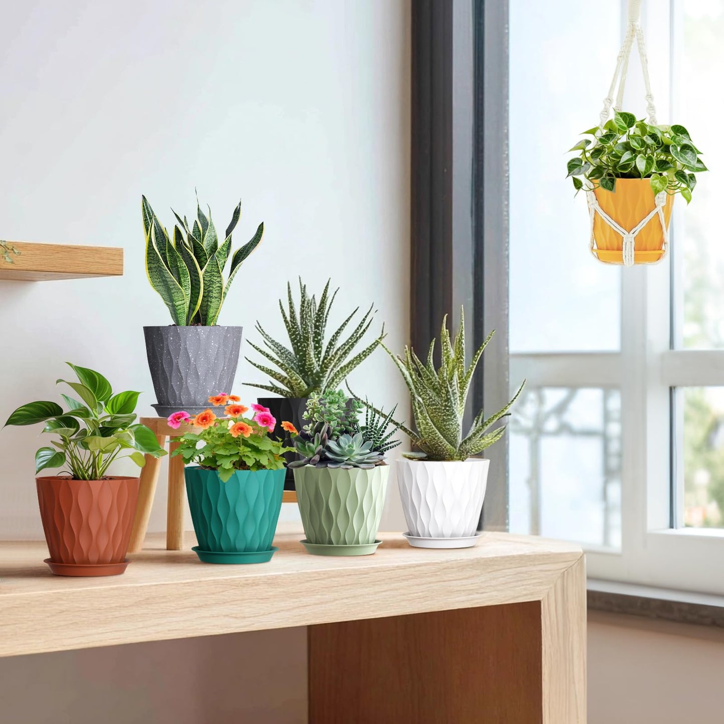 Meowell 7 inch Plant Pots for Indoor Outdoor Plants, 5 Pack Thick Flower Pots with Drainage Holes and Saucers, 3D Modern Wave Texture Plastic Planter Nursery Pots, Black with Green Speckles