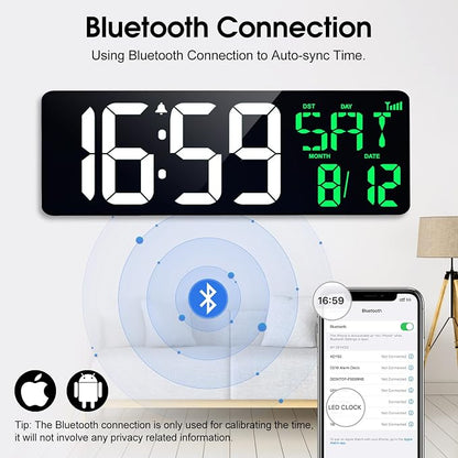 17 Inch Digital Wall Clock Large Display Bluetooth Sync Time, Auto-Dimming Large Digital Wall Clock with Remote, Date/Week/Temperature/DST, Plug-in Digital Clock for All Spaces Use, Gift