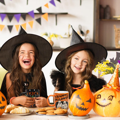 JarThenaAMCS 4Pcs Halloween Mugs Pumpkin Black Cat Ghost Skeleton Coffee Mug Orange Black Ceramic Drinking Cup for Halloween Party Table Centerpieces, 12oz