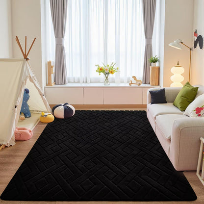 Flagover 4x6 Black Washable Area Rug for Bedroom, Modern Geometric Shag Non-Slip Living Room Rugs, Fluffy Plush Soft Memory Foam Carpet for Kids Boys Room Nursery Room Dorm Bedside Decor