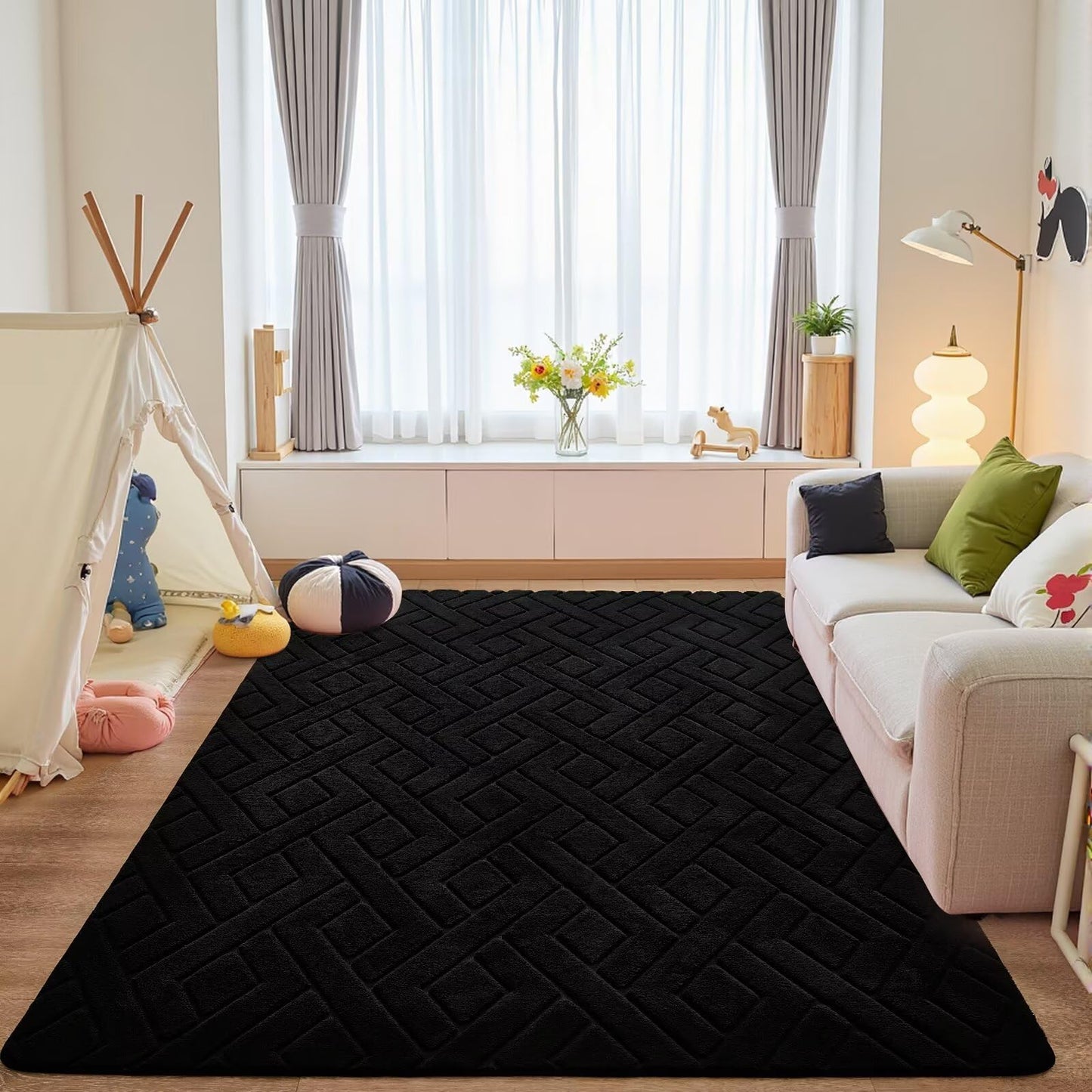 Flagover 3x5 Black Washable Area Rug for Bedroom, Modern Geometric Shag Non-Slip Living Room Rugs, Fluffy Plush Soft Memory Foam Carpet for Kids Boys Room Nursery Room Dorm Bedside Decor