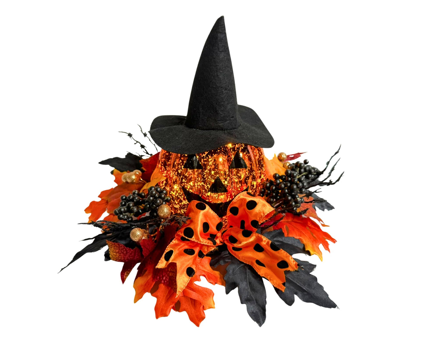 Svndlyn 15 Inch Lighted Halloween Pumpkin Decor with Witch Hat and Bow
